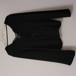 Sexy black bell sleeve draped open back shirt